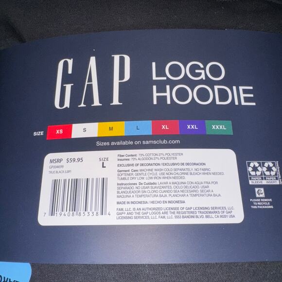 GAP Hoodie Mens Large True Black Logo 1969 Embroidered Pullover Fleece - Picture 8 of 13